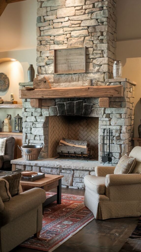 A grand, stacked stone fireplace with a very tall chimney, providing a rustic yet minimalist focal point in a living room. A rough-hewn wooden mantel is adorned with simple decor. The firebox has a herringbone brick interior, and plush armchairs are arranged around a wooden coffee table.
