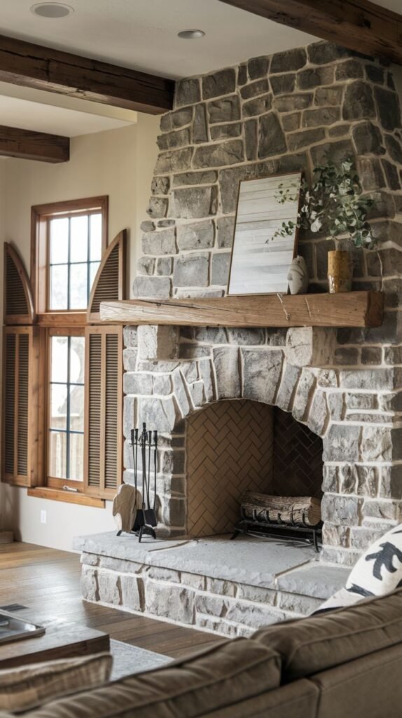 A light stone fireplace with a subtly arched firebox opening and a thick, rustic wooden mantel. The hearth is also made of the same light stone, and the firebox interior features a herringbone pattern, reflecting a minimalist yet warm design. Wooden shutters on nearby windows complement the mantel.