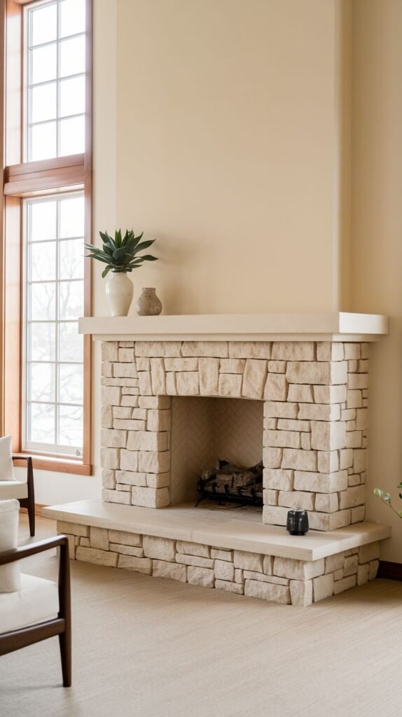 A sleek, light-toned block stone fireplace with a very clean and minimalist design, lacking a traditional mantel, and instead featuring a smooth, flat top stone. A tall window with light wood trim enhances the brightness of the room. Simple decorative items are placed on the fireplace top and hearth.