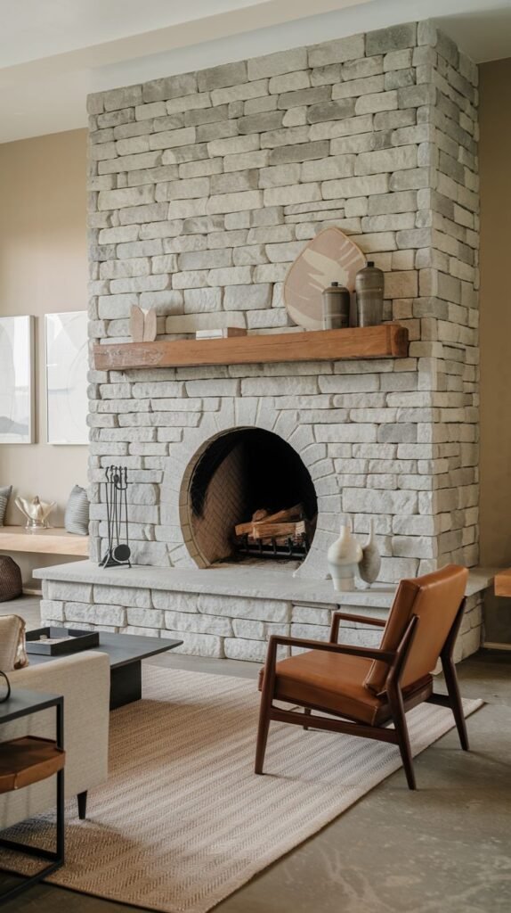 A striking grey stone fireplace featuring a unique circular firebox opening. A wooden mantel is positioned above the opening, and the surrounding stone is laid in a stacked pattern. The room's furniture, including a leather armchair and a sleek coffee table, complements the modern, minimalist feel of the fireplace.