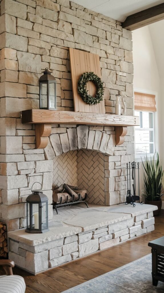 A light stone fireplace with an arched firebox opening and a rustic wooden mantel supported by stone corbels. The firebox interior displays a herringbone brick pattern, and the hearth extends forward. Simple, minimalist decor on the mantel includes lanterns and a wreath.