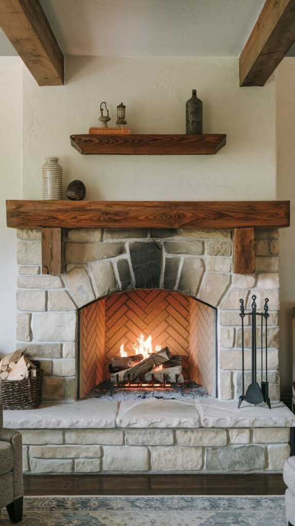 A welcoming light stone fireplace with an arched opening, displaying a warm fire within its herringbone brick-patterned firebox. A robust wooden mantel, supported by two prominent stone corbels, holds simple, minimalist decorative items and a small additional shelf above. Fireplace tools stand to the right.