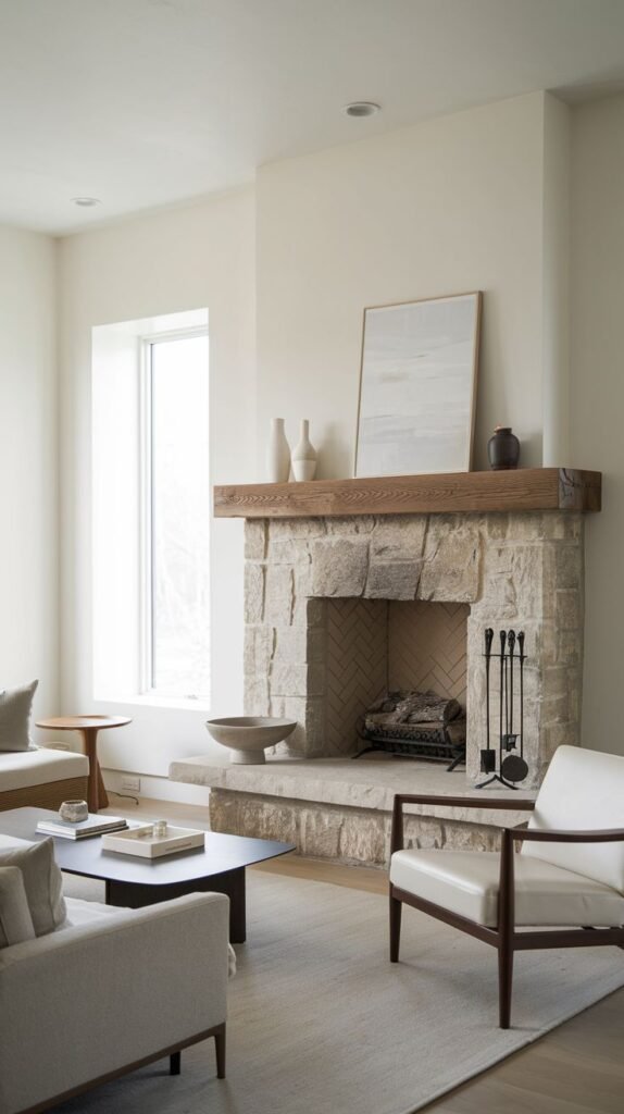 A bright living room centered around a light stone fireplace with a wooden mantel. The firebox opening is filled with logs and a grate, and its interior features a herringbone brick pattern. The room is decorated with a minimalist approach, including simple vases on the mantel and a clean-lined area rug.