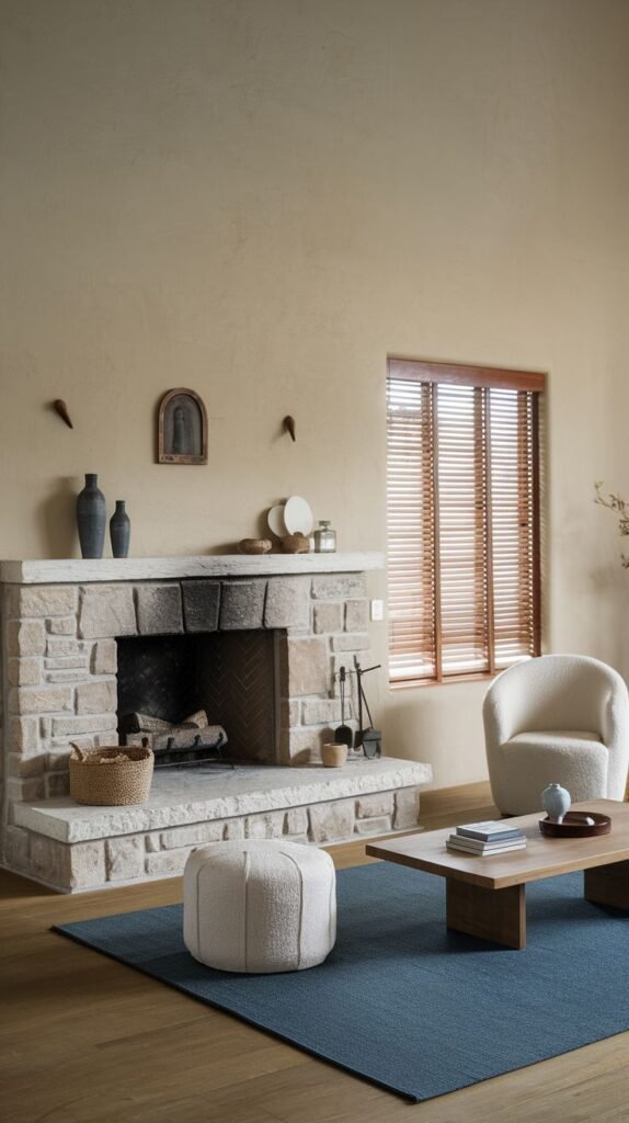 A warm-toned living room with a light stone fireplace and a wooden mantel. The firebox is detailed with a herringbone brick pattern, and the extended stone hearth is adorned with a simple basket. The room includes minimalist furniture like a round ottoman and a sleek coffee table, and a deep blue rug adds a touch of color.