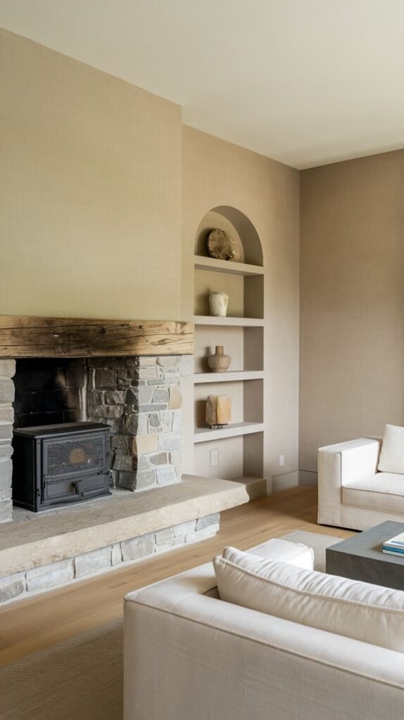 A dark-toned stone fireplace with a rugged wooden mantel, featuring a black wood-burning stove inserted into the firebox. Adjacent built-in arched shelves display simple decorative items. The overall design maintains a functional yet minimalist style within a warmly textured room.