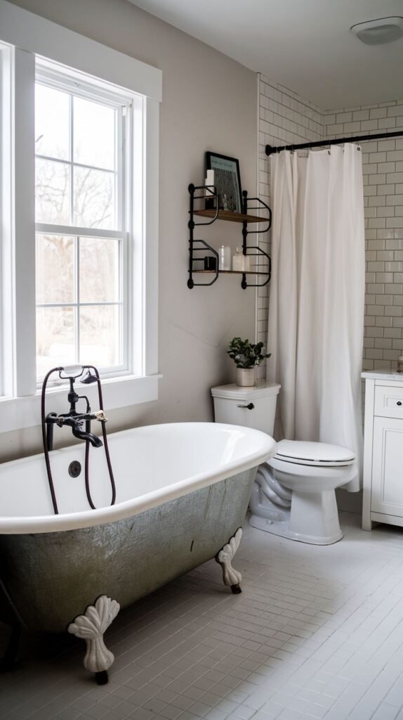 A modern farmhouse bathroom with a prominent white clawfoot tub featuring dark fixtures, a large window providing natural light, white subway tiles on the lower wall and shower area, a white toilet, and a black tiered wall shelf for storage, all on light-colored tiled flooring.