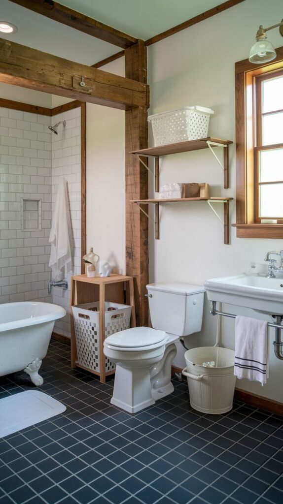A modern farmhouse bathroom showcasing exposed wooden beams on the ceiling and walls, a white pedestal sink, a white bathtub, a walk-in shower with white subway tiles, and a dark black tiled floor with a white grid pattern, along with open wooden shelves and storage baskets.