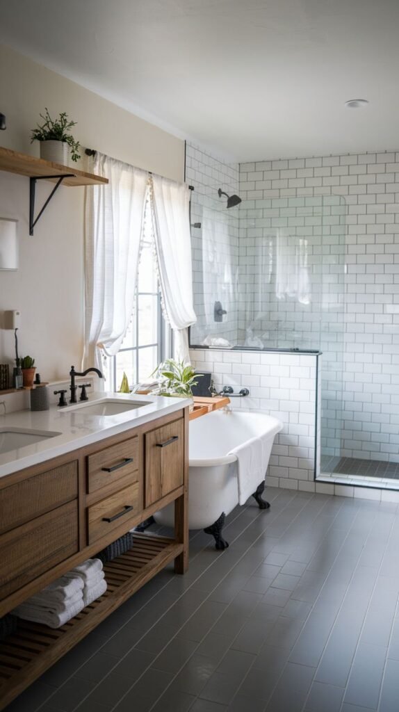 A serene modern farmhouse bathroom featuring a wooden double vanity with white countertops, a glass-enclosed shower with white subway tiles, a white clawfoot tub, and gray tiled flooring, with a window draped in white curtains.