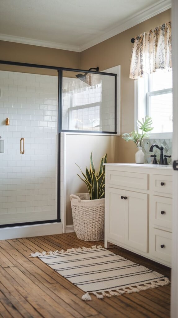 A charming modern farmhouse bathroom with a white single vanity featuring black hardware, a white-tiled shower with a black-framed glass door, rustic wooden plank flooring, and a striped area rug, with a snake plant in a woven basket and a window with a patterned valance.