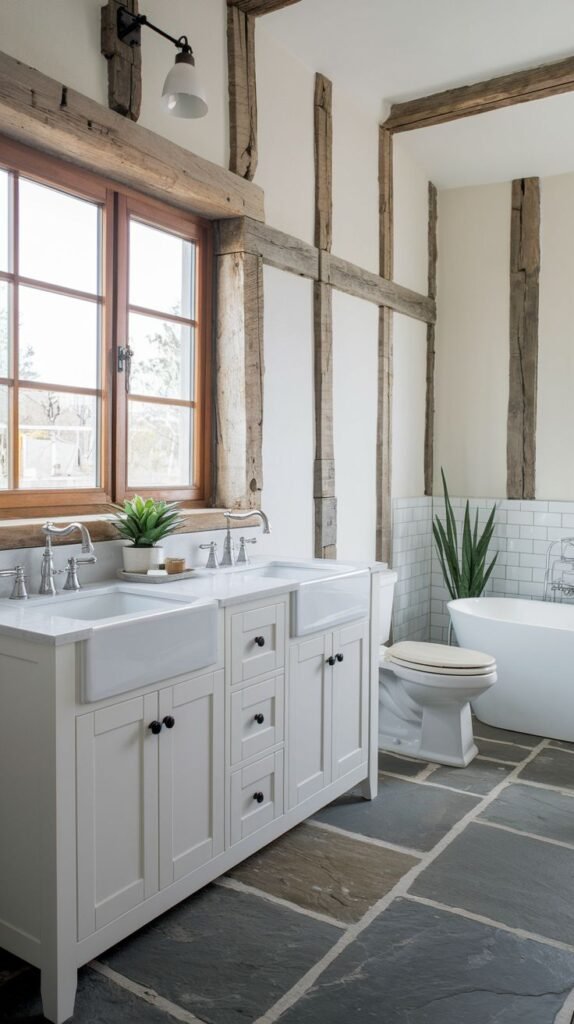 A rustic yet modern farmhouse bathroom featuring prominent exposed wooden beams, a white double vanity with two farmhouse sinks and black hardware, a white freestanding tub, and a dark gray slate tiled floor, with a large window providing ample natural light.