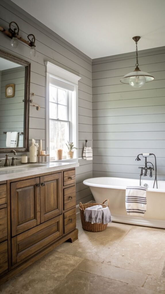 A stylish modern farmhouse bathroom featuring a wooden vanity with a marble countertop, a large freestanding white tub with dark fixtures, light gray shiplap walls, and light-colored tiled flooring, with a large mirror and wall sconces above the vanity.