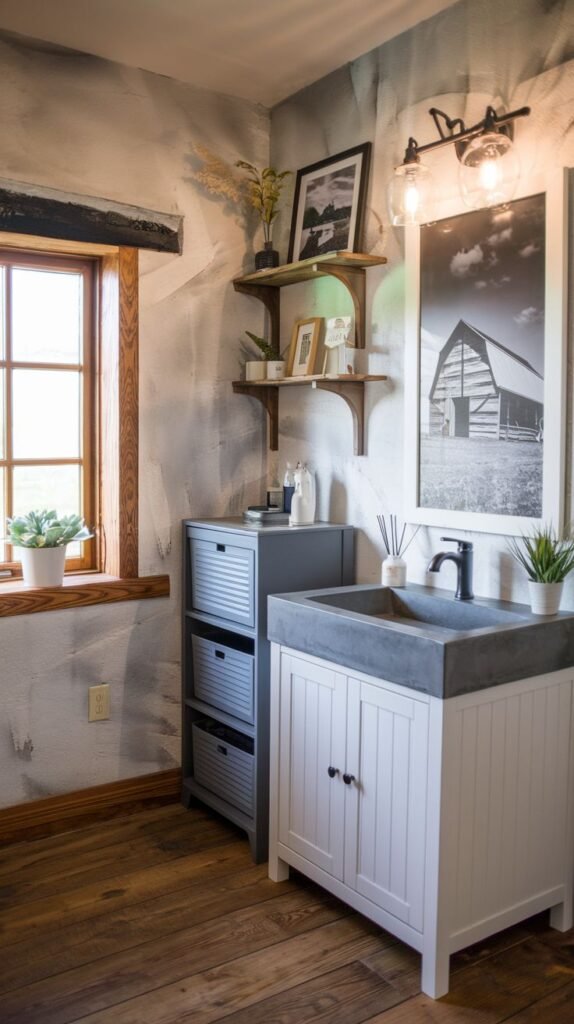 A unique modern farmhouse bathroom with a white vanity featuring a gray concrete sink and black faucet, a tall gray cabinet with drawers, warm wooden plank flooring, a textured painted wall with hints of gold, and a window with wooden trim.