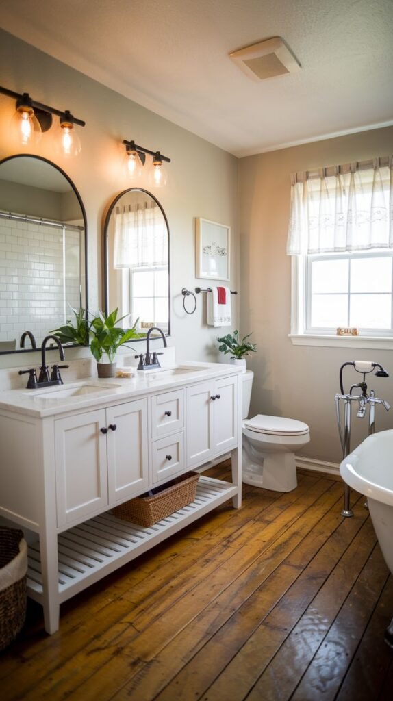 A bright modern farmhouse bathroom showcasing a white double vanity with black hardware and faucets, two round mirrors, and black wall sconces above, set on rich wooden plank flooring, with a white clawfoot tub with dark fixtures and a toilet visible on the right, and a window with a valance providing natural light.