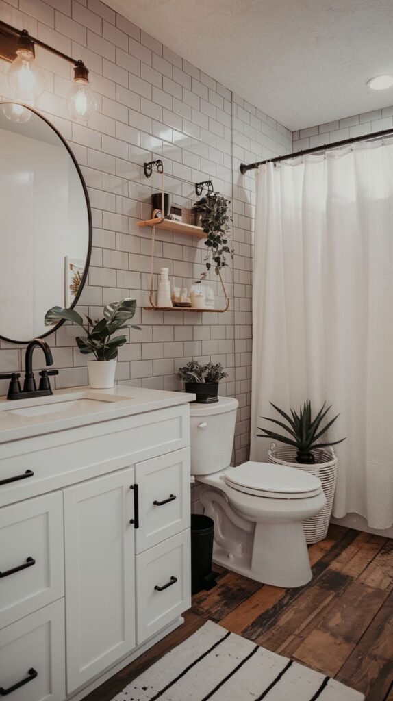 A bright modern farmhouse bathroom with a white vanity featuring a light countertop and black hardware, a round black-framed mirror, white subway tiled walls, a white toilet, and warm wooden plank flooring, with a white shower curtain and various plants.