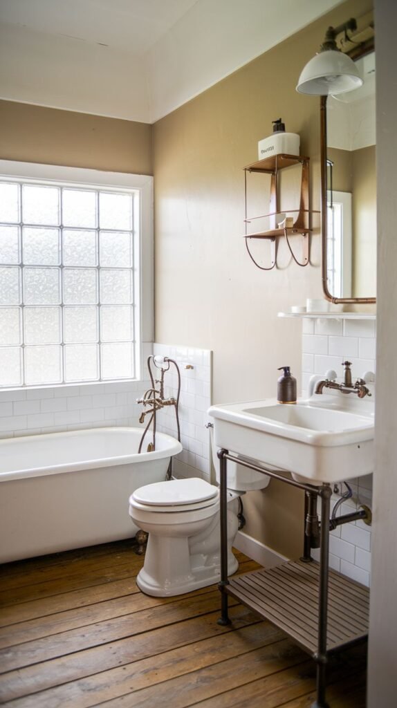 A vintage-inspired modern farmhouse bathroom featuring a white pedestal sink with exposed plumbing and a shelf, a white clawfoot tub, white subway tiled wainscoting, a glass block window for privacy, and warm wooden plank flooring.