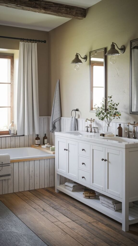 A tranquil modern farmhouse bathroom featuring a white double vanity with white countertops, a long white built-in tub with wooden paneling, warm wooden plank flooring, and neutral-colored walls with white wooden wainscoting, with two mirrors and wall sconces above the vanity.