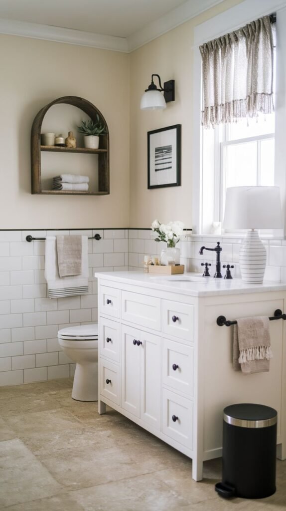 A well-appointed modern farmhouse bathroom with a white single vanity featuring a white countertop and black hardware, a white toilet, an arched wooden wall shelf, white subway tile wainscoting, and light-colored tiled flooring, with a window draped in a valance.