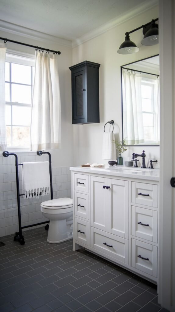 A chic modern farmhouse bathroom featuring a white single vanity with a white countertop and black hardware, a black wall-mounted cabinet, a white toilet, dark gray tiled flooring, and a large window with white curtains, with a black-framed mirror above the vanity.