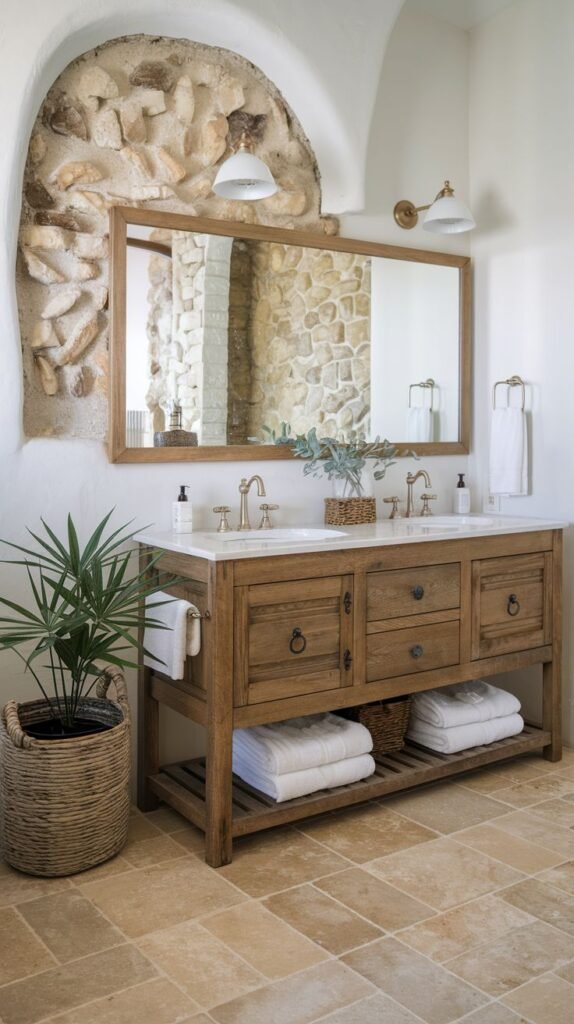 A modern farmhouse bathroom featuring a rustic wooden double vanity with white countertops, a large framed mirror, and two wall-mounted lights, set against a white wall with a decorative stone archway above the vanity, complemented by a large woven basket with a plant and light-colored tiled flooring, and neatly folded white towels on the vanity's open shelf.