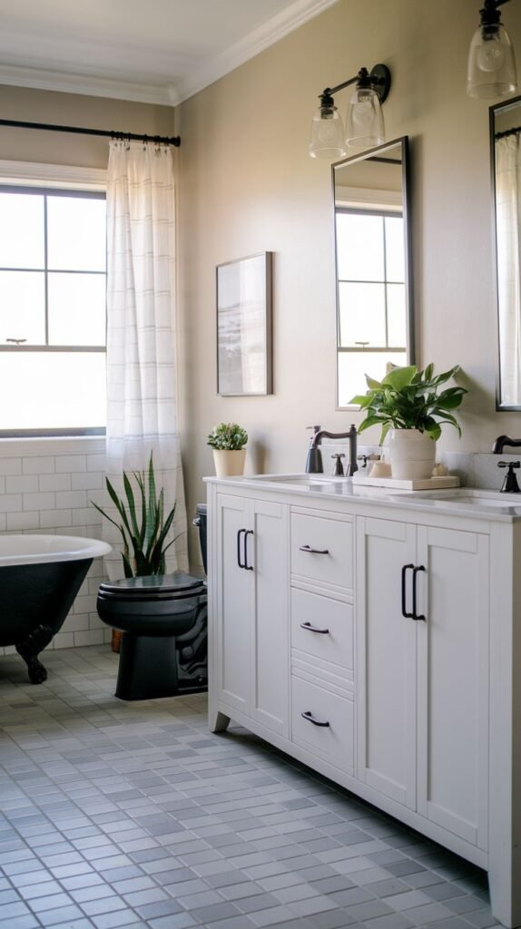 A sophisticated modern farmhouse bathroom featuring a white double vanity with black hardware and faucets, two rectangular mirrors, a black toilet, and a black clawfoot tub, all set on a gray tiled floor, with large snake plants in white planters adding a touch of greenery.