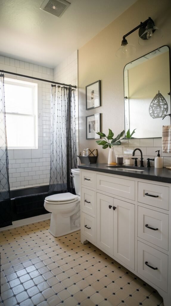 A modern farmhouse bathroom with a white vanity featuring a black countertop and black hardware, a black-framed rectangular mirror, a white toilet, a black shower curtain over a black tub, and a unique light-colored tiled floor with small dark accents.