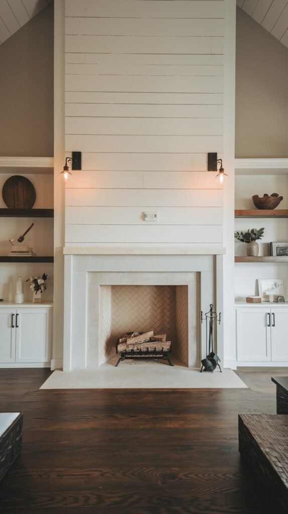 A clean and modern farmhouse fireplace wall with white shiplap above a white mantel and hearth, featuring a herringbone pattern inside the firebox. Built-in white shelves flank the fireplace, holding rustic and decorative items. The room has dark wood flooring.