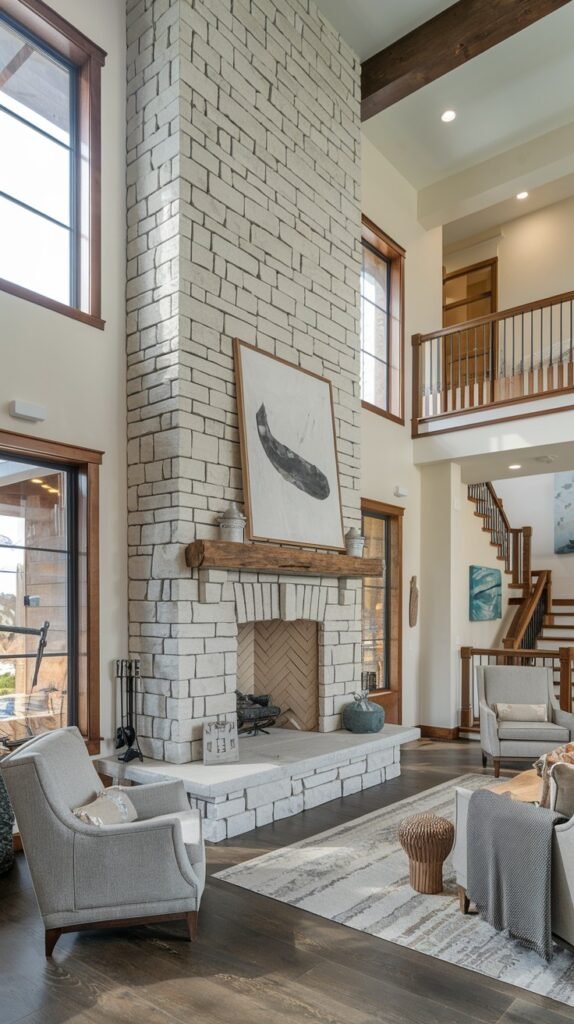 A high-ceilinged modern farmhouse living room centered around a massive light stone fireplace with a thick wooden mantel. The firebox features a herringbone pattern. The room has large windows with wood trim and a staircase with dark railings, creating a grand yet inviting ambiance.