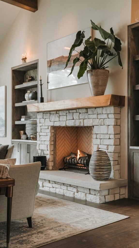 A comfortable modern farmhouse living room with a light stone fireplace featuring a herringbone pattern inside the firebox and a substantial wooden mantel. A large green plant on the mantel and built-in shelving with decorative items add to the inviting atmosphere. Dark wood flooring grounds the space.