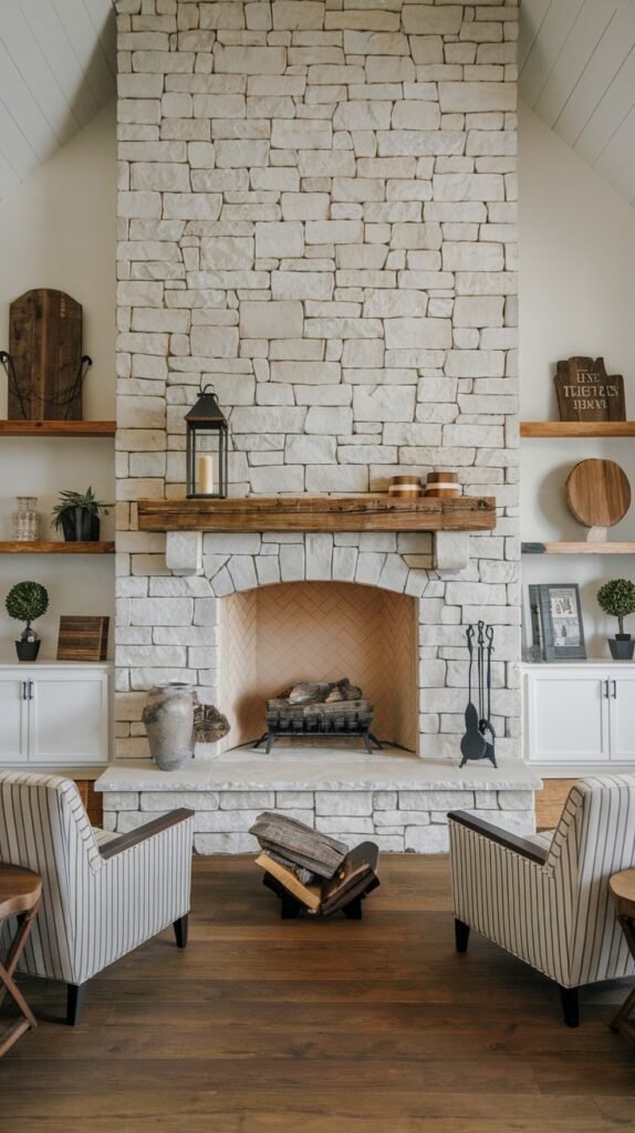 A bright modern farmhouse living room with a tall, light stone fireplace and a chunky wooden mantel. Built-in white cabinets with wooden open shelves flank the fireplace. Two striped armchairs face the fireplace, contributing to a symmetrical and welcoming design.
