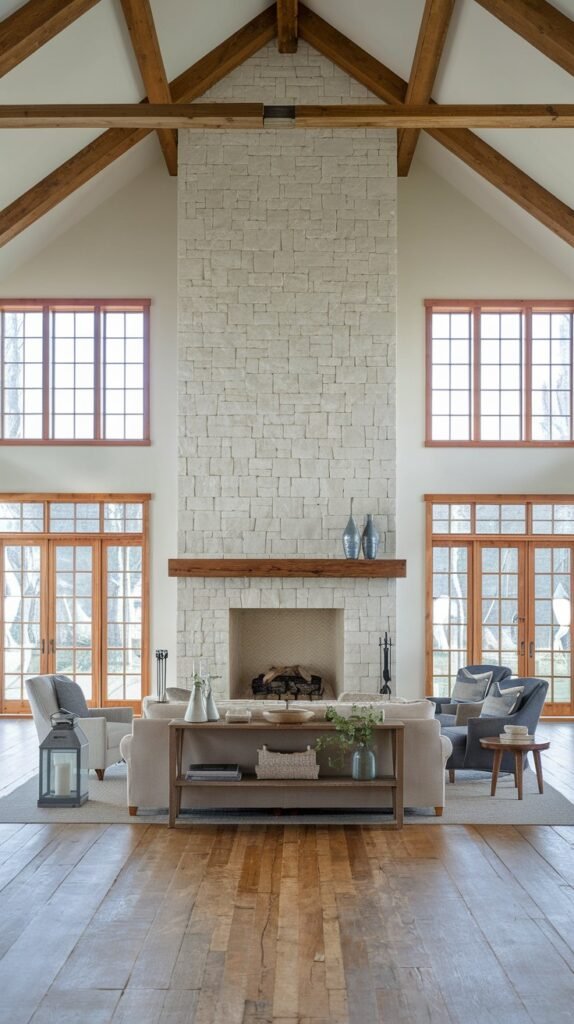 A expansive modern farmhouse great room featuring a grand floor-to-ceiling light stone fireplace and a wooden mantel. The room boasts vaulted ceilings with exposed wooden beams and numerous large windows and French doors with wood frames, emphasizing natural light and open space.