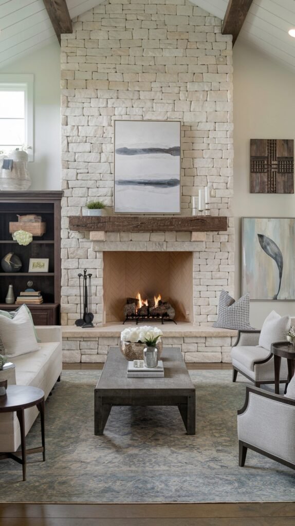 A inviting modern farmhouse living room with a stone fireplace, a rustic wooden mantel, and a herringbone-patterned firebox. A large abstract painting hangs above the mantel. Comfortable light-colored furniture is arranged on a patterned rug, creating a warm and stylish gathering space.