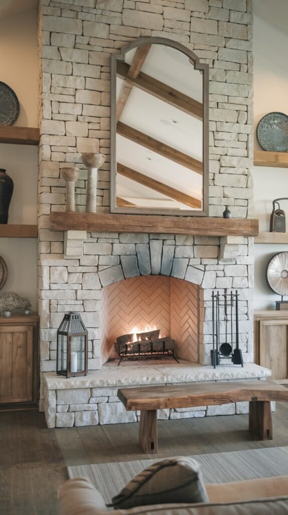 A modern farmhouse living room with a light stone fireplace, an arched firebox with a herringbone pattern, and a substantial wooden mantel. A large arched mirror reflects the exposed wooden beams on the ceiling. Rustic decorative items and a wooden bench complete the cozy setting.