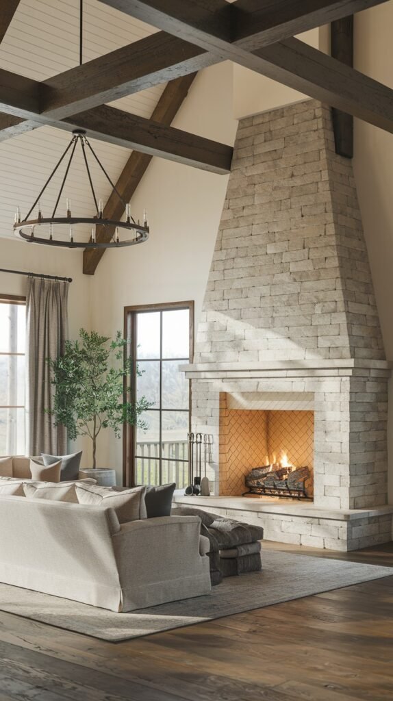 A spacious modern farmhouse living room featuring a tall, light stone fireplace with a wide hearth and a wooden mantel. Exposed wooden beams support the vaulted ceiling, and a large circular chandelier provides lighting. A large sofa faces the fireplace, creating a comfortable focal point.