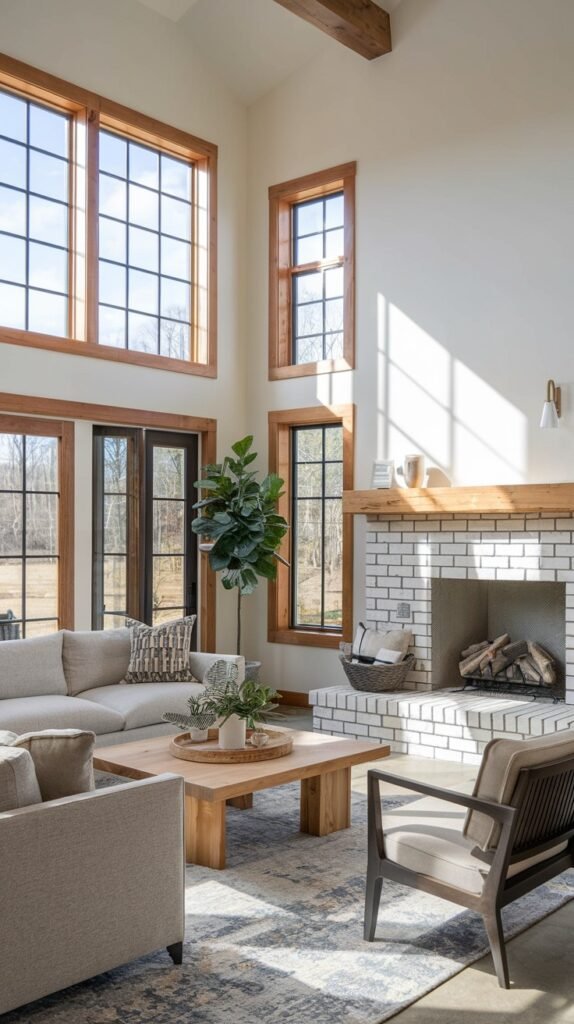 A bright and airy modern farmhouse living room with a white brick fireplace and a rustic wooden mantel. Large, grid-pane windows and French doors with wood frames offer abundant natural light. The room is decorated with simple, organic elements, maintaining a fresh and inviting aesthetic.