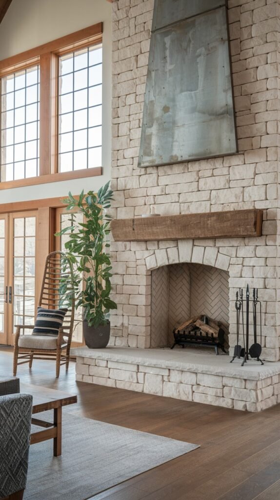 A modern farmhouse living space featuring a light stone fireplace with an arched firebox and herringbone pattern inside, topped by a large industrial-style metal art piece. A thick wooden mantel adds warmth. Large windows provide natural light, complementing the spacious, high-ceilinged room.