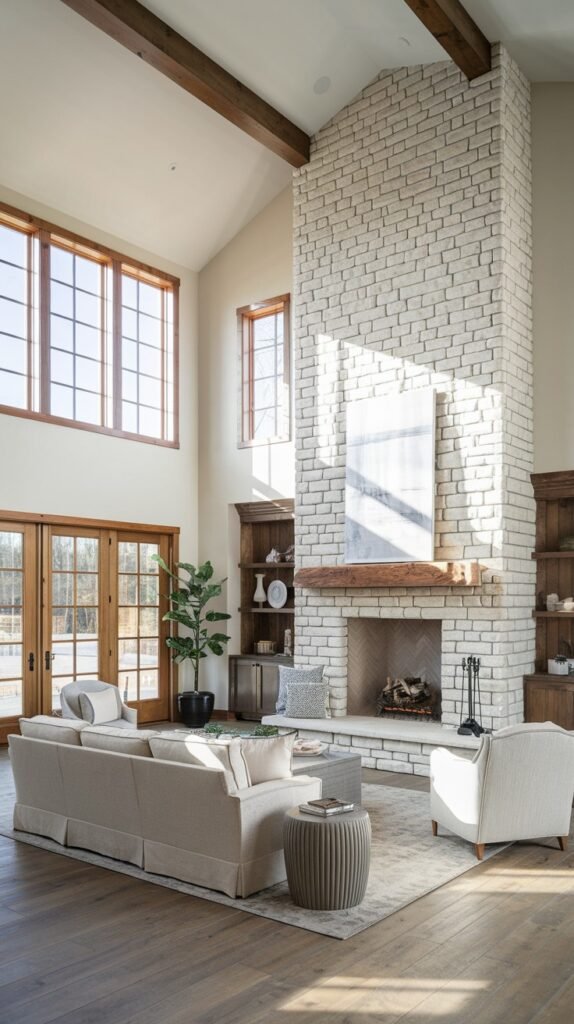 A large and bright modern farmhouse living room with a tall, white brick fireplace and a rustic wooden mantel. Built-in wooden bookshelves flank the fireplace. Large windows and glass doors with wood frames allow plenty of sunlight, creating a serene and open atmosphere.