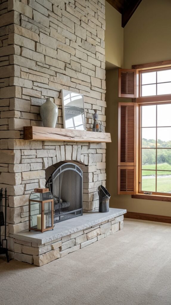 A farmhouse-style stone fireplace with a heavy wood mantel, adorned with simple decorative items. The stone extends to the ceiling, and a large window with wood shutters is visible to the right. The room features light-colored carpet.