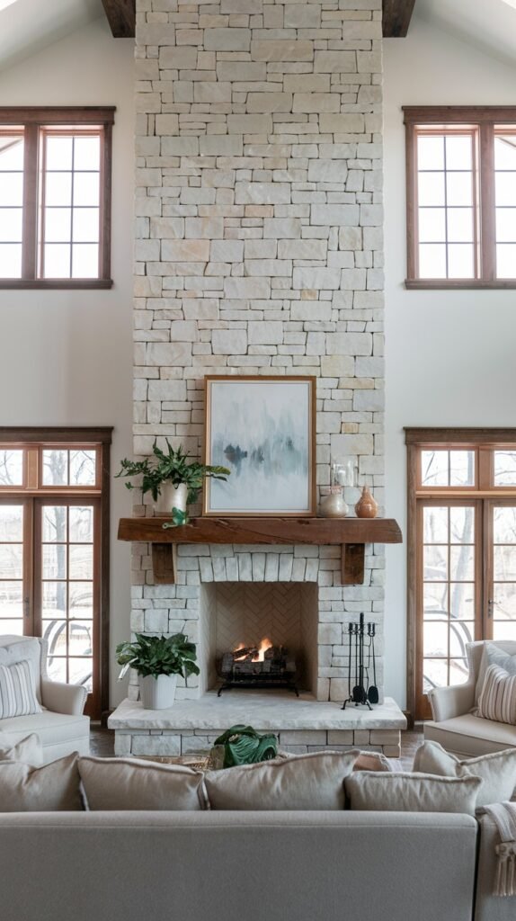 A symmetrical modern farmhouse living room with a towering light stone fireplace, a rustic wooden mantel, and a herringbone-patterned firebox. Two matching armchairs and a sofa face the fireplace, flanked by large windows with dark wood trim, creating a balanced and inviting space.