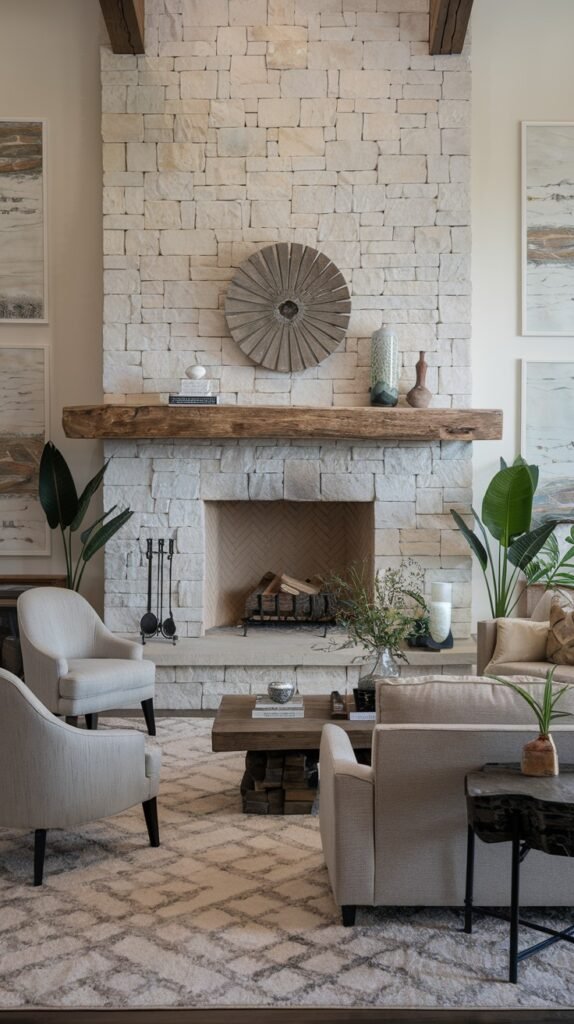 A cozy modern farmhouse living room with a prominent light stone fireplace, a rustic wooden mantel, and a decorative circular wall art piece. A large area rug with a geometric pattern defines the seating area, which includes comfortable, light-colored furniture, blending modern and farmhouse styles.