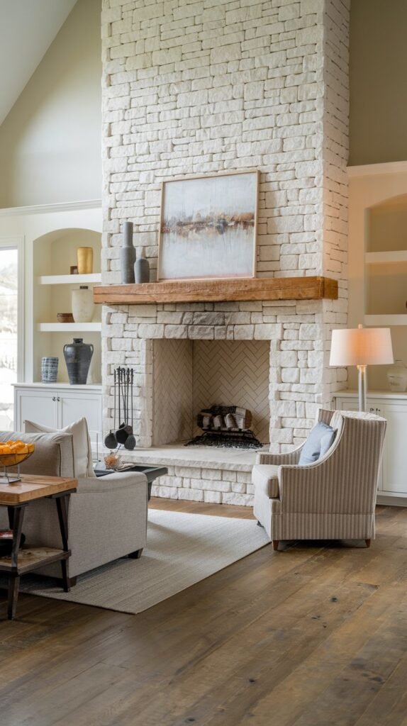 A well-appointed modern farmhouse living room with a light stone fireplace, a substantial wooden mantel, and a herringbone pattern inside the firebox. Built-in white shelves with arched tops flank the fireplace, displaying decorative items and enhancing the classic farmhouse feel with modern touches.