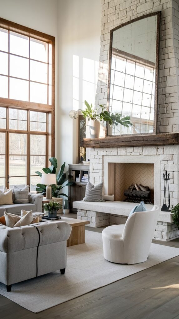 An elegant and spacious modern farmhouse living room centered around a light stone fireplace with a grand wooden mantel, adorned with a large grid-patterned mirror. A long, built-in bench on the hearth provides additional seating, complementing the comfortable sofa and inviting armchair.