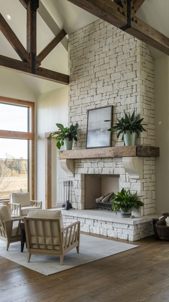 A spacious modern farmhouse living room with a high, vaulted ceiling featuring exposed dark wooden beams. The focal point is a tall light stone fireplace with a thick, rustic wooden mantel. Green plants on the mantel add freshness, and light wood-framed armchairs complete the look.
