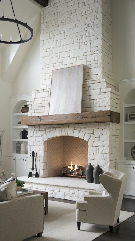 A bright modern farmhouse living room with a white brick fireplace, an arched firebox with a herringbone pattern, and a large rustic wooden mantel. Built-in white shelving units flank the fireplace. A large circular chandelier hangs from the ceiling, blending modern lighting with a farmhouse aesthetic.