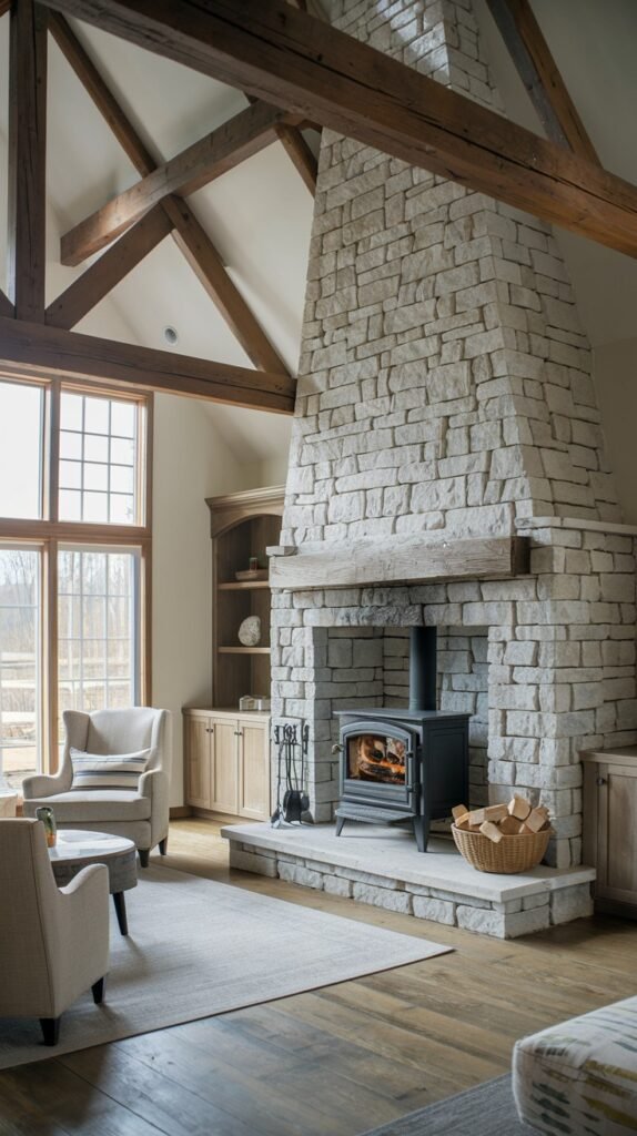 A spacious and bright modern farmhouse living room featuring a grand light stone fireplace with a classic black wood-burning stove on the hearth. Exposed wooden beams accent the high vaulted ceiling. The room is furnished with light-colored armchairs and a sofa, creating a cozy and rustic yet modern feel.