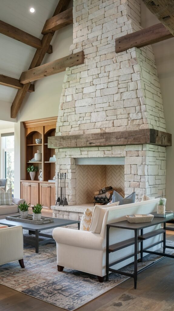 A wide shot of a modern farmhouse living room showcasing a large light stone fireplace with a herringbone pattern inside the firebox and a substantial wooden mantel. Exposed wooden beams define the high ceiling. The room is furnished with comfortable, light-colored seating and dark accent tables.