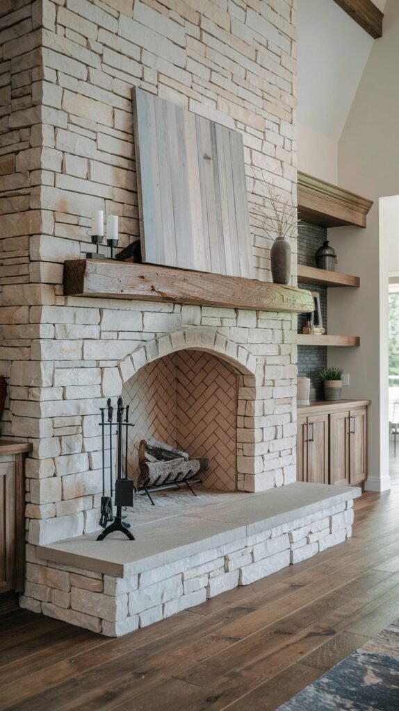 A close-up of a modern farmhouse light stone fireplace with an arched firebox, herringbone brickwork inside, and a rustic wooden mantel. The extended hearth provides a wide base. A vertical wooden art piece rests on the mantel, while built-in shelving is visible in the background.