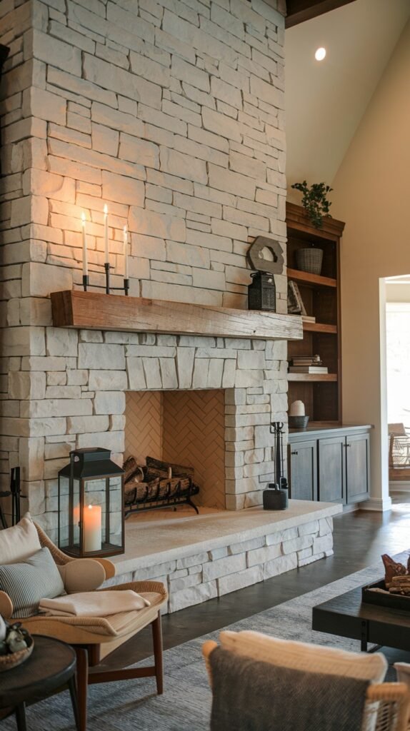 A warm and inviting modern farmhouse living room focused on a light stone fireplace with a rustic wooden mantel. Lit candles and a lantern on the hearth add ambiance. The room features dark wood flooring and comfortable seating, creating a cozy atmosphere with modern elements.
