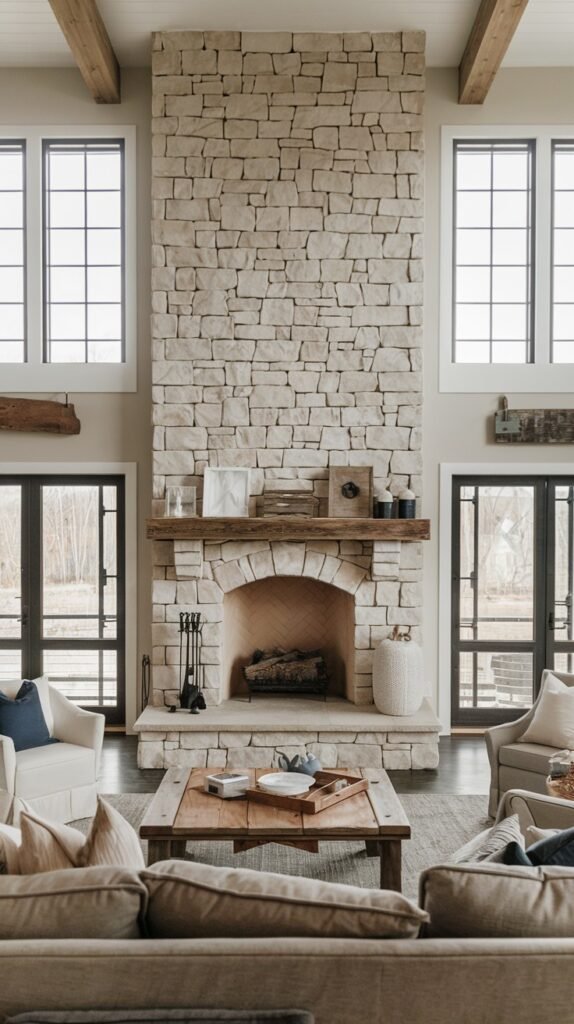 A grand modern farmhouse living space dominated by a floor-to-ceiling light stone fireplace with a substantial wood mantel. Exposed wood beams cross the ceiling, and large windows and glass doors provide light. The furniture is light-toned, contributing to a spacious, airy feel.