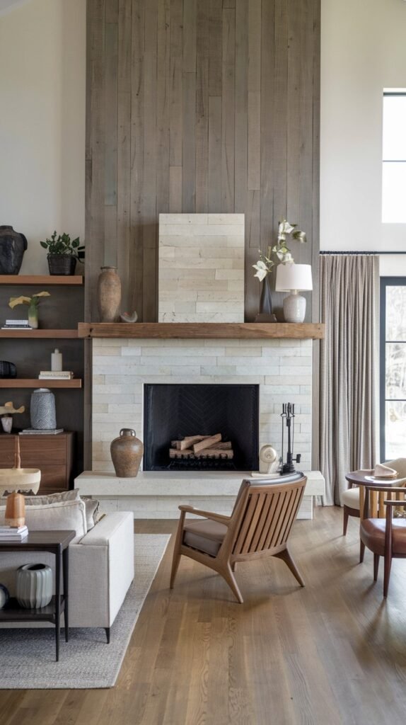 A modern farmhouse living room featuring a two-tone fireplace wall: a light stone lower section with a firebox and mantel, and a vertical wood plank upper section. The room is furnished with contemporary wooden chairs and a light sofa, blending natural textures with modern design.
