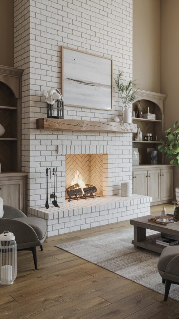 A comfortable modern farmhouse living room centered around a white brick fireplace with a herringbone-patterned firebox and a wooden mantel. Built-in wooden bookcases flank the fireplace, and light-colored furniture is arranged on a light rug, creating a bright and inviting space.